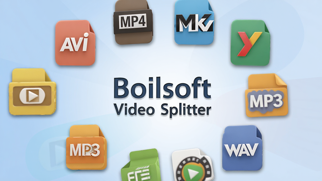 一张展示多种媒体格式图标环绕的图片,画面中心是“Boilsoft Video Splitter”的软件标志,周围环绕着AVI、MP4、MKV、FLV、MP3、WAV等格式的彩色图标,布局为圆形放射状排列,风格为现代扁平化设计,细节包含柔和的阴影与渐变背景,画质清晰,干净,无多余元素。