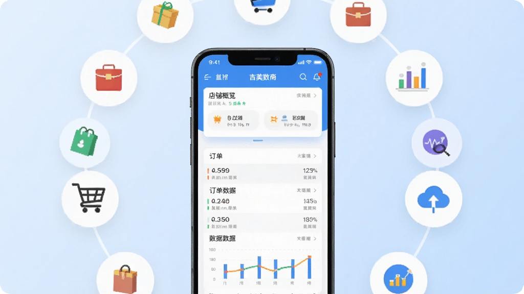 画面中央放置一部智能手机,手机屏幕显示吉美数商应用主界面,界面中包含店铺概览卡片、订单列表与数据图表等模块。手机周围环绕着商品图标、购物车图标、数据分析图标和云端同步图标,呈环形布局。背景为浅蓝色渐变,风格简洁现代,细节清晰,画质干净无多余元素。