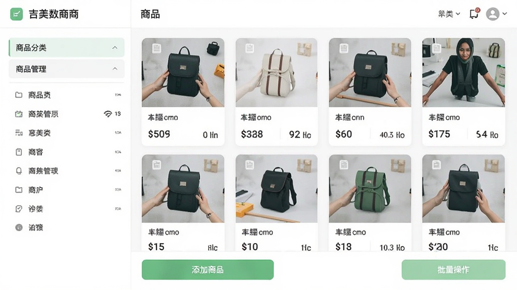 画面展示吉美数商应用中的商品管理界面,左侧为商品分类列表,右侧为商品卡片网格,卡片上标注价格与库存数量。界面下方有添加商品按钮和批量操作按钮。整体布局规整,配色以白色和浅绿色为主,风格清新商务,细节精致,画质干净无多余元素。