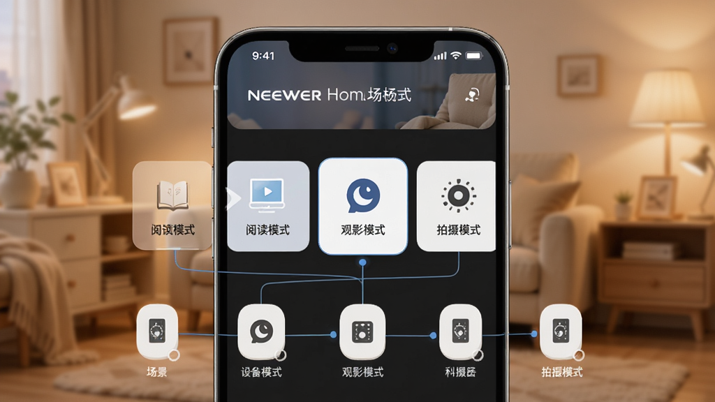 NEEWER Home 场景模式联动功能展示,主体为手机界面中场景卡片横向滑动选择,布局为顶部横幅加下方设备联动示意图,风格为温暖居家氛围的柔和色调,细节包含阅读模式、观影模式、拍摄模式图标及连接线,画质高清,干净,无多余元素