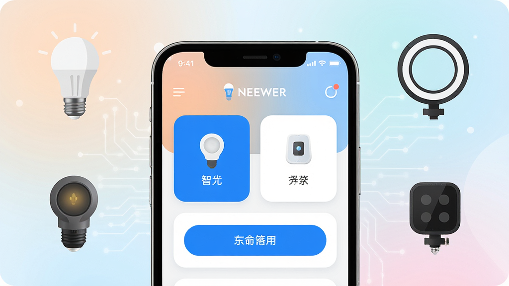 NEEWER Home 智能设备管理应用界面展示,主体为一部智能手机屏幕显示设备控制面板,布局采用居中构图,手机周围环绕智能灯泡、摄影补光灯等设备图标,排版简洁清晰,风格为现代科技感扁平化设计,细节包含柔和渐变背景、圆角卡片式控件、蓝色高亮按钮,画质高清,干净,无多余元素