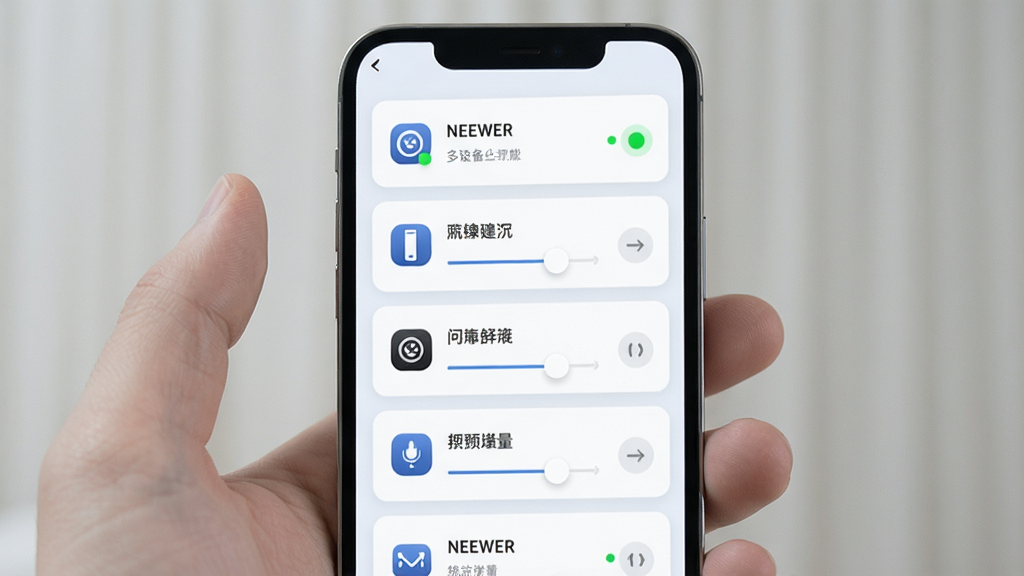 NEEWER Home 多设备统一管理功能展示,主体为手机屏幕内多个设备卡片整齐排列,布局采用纵向列表式排版,风格为清新简约的浅色界面,细节包含设备图标、状态指示灯、滑动调节条,画质清晰,干净,无多余元素