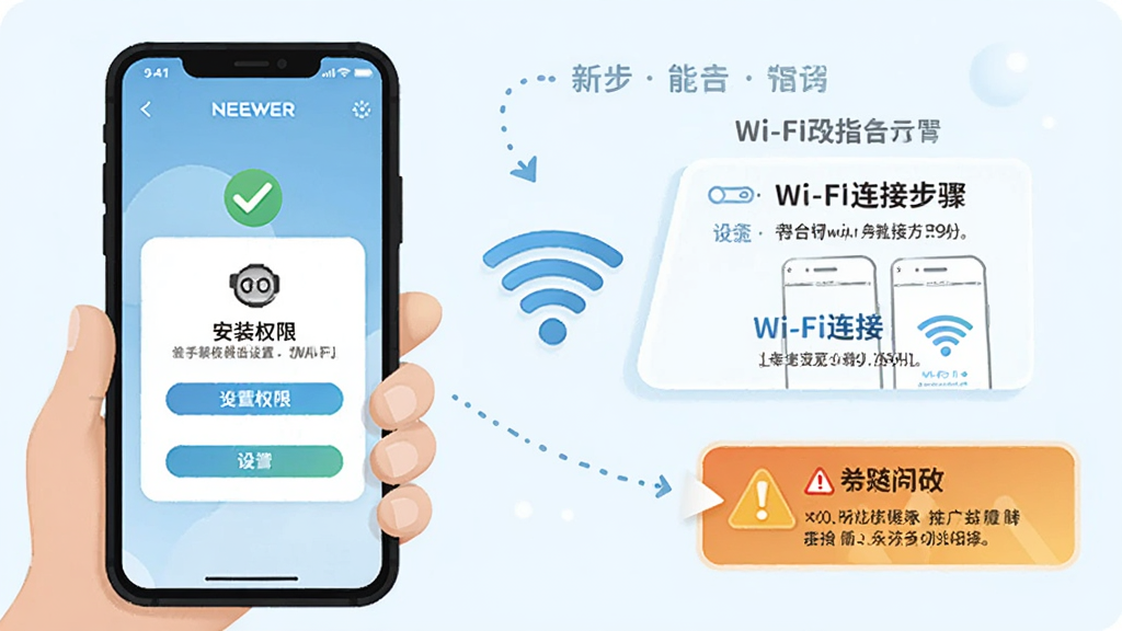 NEEWER Home 新手操作指引示意图,主体为手机屏幕显示安装权限设置与Wi-Fi连接步骤,布局为分步流程图形式,风格为友好明快的插画风,细节包含勾选图标、Wi-Fi信号符号、警告提示框,画质清晰,干净,无多余元素