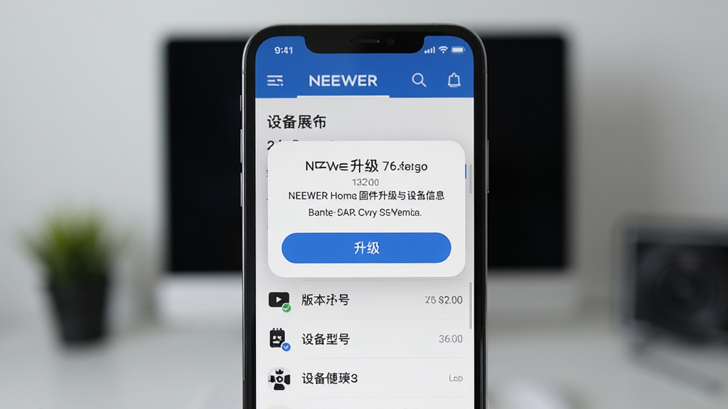 NEEWER Home 固件升级与设备信息页面展示,主体为手机界面显示升级提示弹窗与设备详情列表,布局为居中弹窗加背景虚化,风格为简洁商务风,细节包含版本号、升级按钮、设备型号文字,画质高清,干净,无多余元素