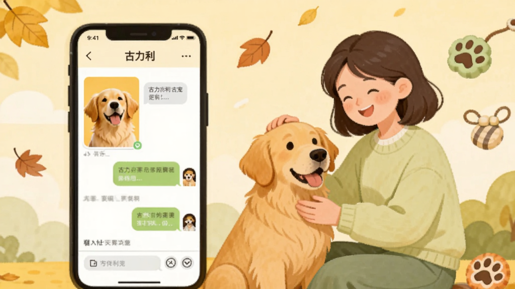 һ��չʾ����������������������ܵĲ廭��������һ���ֻ���Ļ��ʾ������Ƭ������Ի����ֻ��Ա�����һλ΢Ц������Ů�����ڸ���һֻ��ëȮ��������Ʈ�����Ҷ�ͳ�����ߡ������ů������ɫ��Ϊů��ɫ��ǳ��ɫ�������������ֻ����ţ���������������޶���Ԫ�ء�