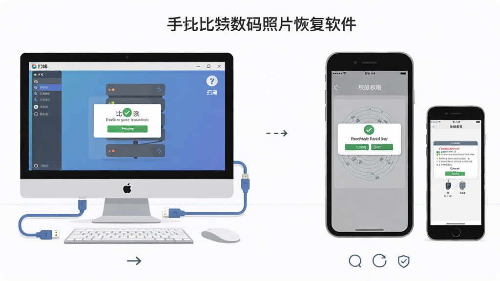 比特数码照片恢复软件使用技巧示意图,主体为电脑与手机双端操作对比,布局左侧为电脑端扫描界面,右侧为手机端权限设置界面,排版对称,风格为扁平化插画,细节包括数据线连接与权限弹窗,画质高清,干净,无多余元素