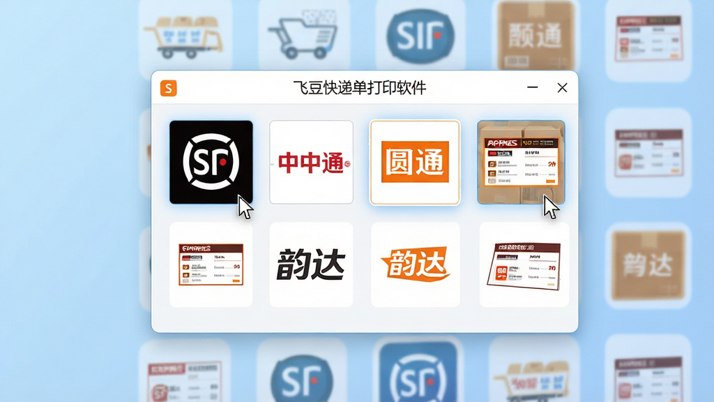界面展示多个快递公司模板图标,画面中央为“飞豆快递单打印软件”的模板选择窗口,窗口内整齐排列顺丰、中通、圆通、韵达等快递公司Logo与面单缩略图,背景为浅蓝色渐变,布局为网格状,风格为扁平化设计,细节包括鼠标指针悬停在模板上的高亮效果,画质清晰,画面干净,无多余元素