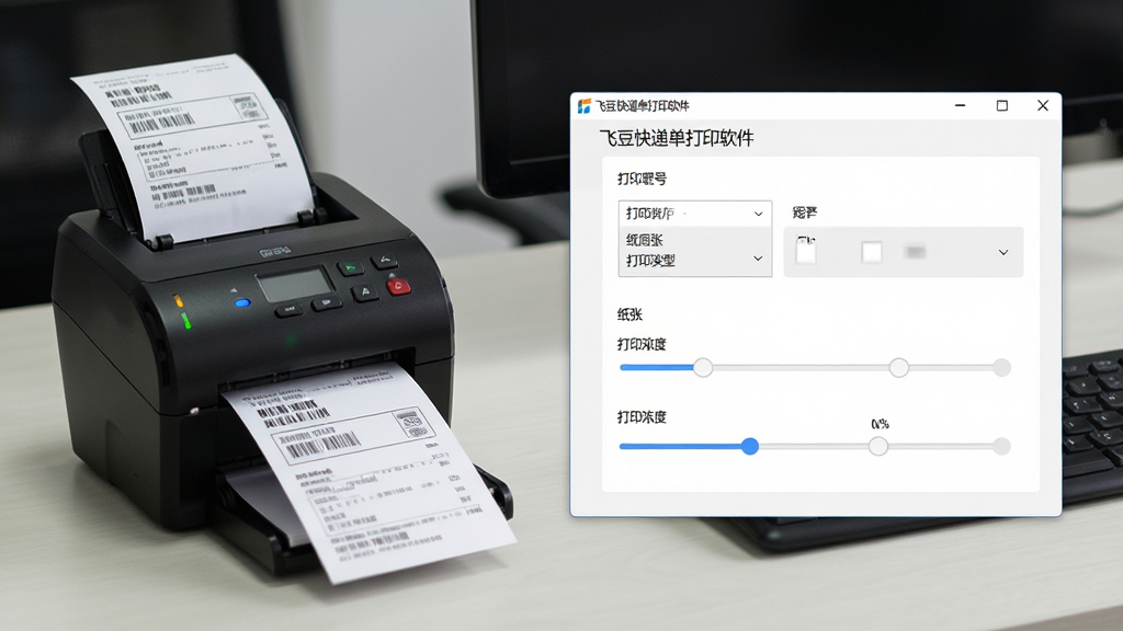 打印机与电脑连接场景,画面中央为“飞豆快递单打印软件”的打印设置界面,界面内显示打印机型号选择、纸张类型与打印浓度调节滑块,背景为办公桌面,桌面上有一台热敏打印机正在输出快递单,布局为左右分栏,风格为真实办公场景风,细节包括打印机指示灯与纸张输出动态,画质清晰,画面干净,无多余元素