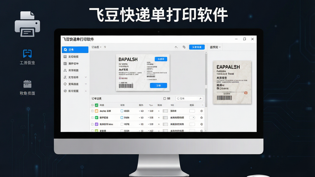 软件主界面展示,标题为“飞豆快递单打印软件”,画面中央是电脑屏幕,屏幕内显示快递单模板编辑界面与订单列表,左侧为功能导航栏,右侧为面单预览区域,整体布局清晰,排版整齐,风格为现代简约科技风,细节包括打印机图标、快递单纸张纹理、蓝色高亮按钮,画质高清,画面干净,无多余元素