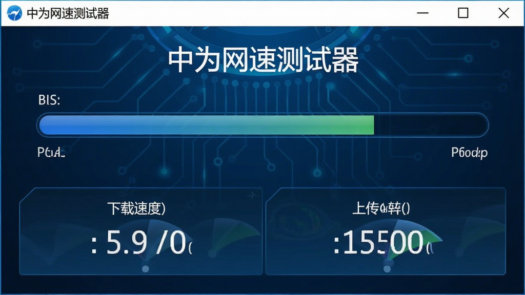 一张展示中为网速测试器正在进行测速的界面截图,画面中软件界面显示测速进度条正在推进,下方已显示出下载速度和上传速度的实时数值,界面风格简洁,带有科技感蓝色调,屏幕上有软件名称“中为网速测试器”字样,布局清晰,风格专业,细节丰富,画质高清,干净无多余元素