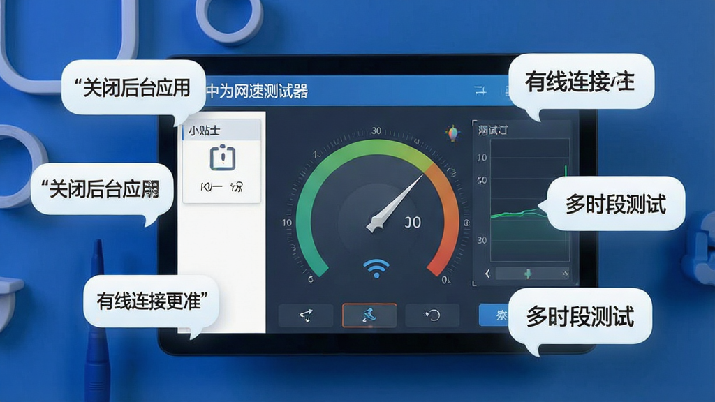 一张展示中为网速测试器使用小贴士的示意图,画面中软件界面旁边漂浮着几个提示气泡,分别写着“关闭后台应用”“有线连接更准”“多时段测试”等文字,整体风格清新简洁,屏幕上有软件名称“中为网速测试器”字样,布局清晰,风格专业,细节丰富,画质高清,干净无多余元素