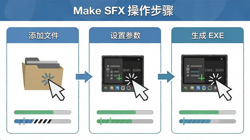 Make SFX 使用操作流程示意图,画面分为三步:添加文件、设置参数、生成 EXE,布局为横向三栏排列,风格为简洁教程风,细节包含鼠标点击图标与进度指示,画质清晰干净,图中文字标注“Make SFX 操作步骤”