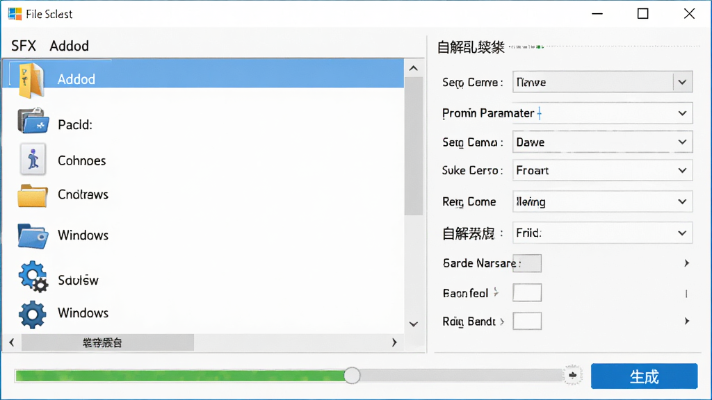 Make SFX 软件界面全貌展示,主体为简洁的 Windows 桌面窗口,左侧显示文件添加列表,右侧为自解压参数设置面板,底部有进度条与生成按钮,排版整齐清晰,风格为现代简约商务风,细节包含压缩图标与齿轮设置元素,画质干净无多余装饰,适合软件下载站配图