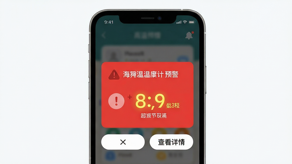 海狸温度计软件的高温预警功能界面,主体为手机屏幕上弹出的红色预警提示框与温度数值,布局为手机居中展示,排版为警示信息在上方操作按钮在下方,风格为醒目但不过度刺眼的健康提醒风格,细节包括红色感叹号图标、温度超标数值高亮、简洁的关闭与查看详情按钮,画质高清,干净,无多余元素