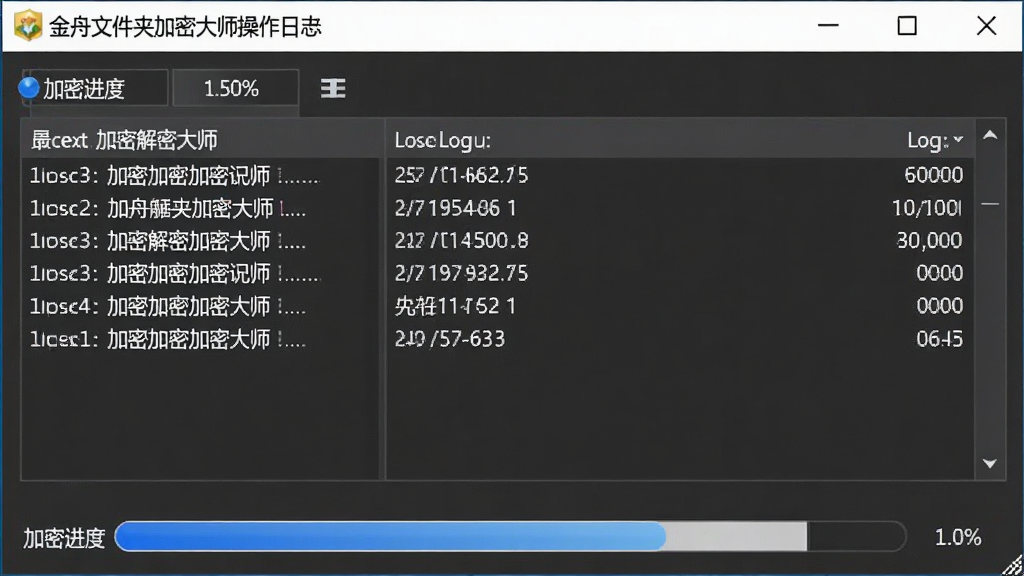 一张展示金舟文件夹加密大师操作日志与状态提示界面的图片,画面主体为软件底部状态栏和日志面板,状态栏显示加密进度条和百分比,日志面板列出最近几次加密解密记录,布局为上下结构,排版紧凑,风格为专业工具风,细节上进度条为蓝色渐变,日志文字清晰可读,背景为深灰色界面,画质清晰,画面干净无多余元素