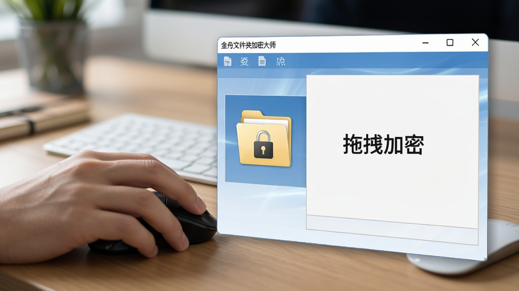一张展示用户将文件夹拖拽到金舟文件夹加密大师窗口进行加密操作的图片,画面主体为电脑桌面,一只手握着鼠标拖动一个文件夹图标进入软件窗口,软件窗口显示“拖拽加密”提示文字,布局为桌面与窗口的合成视角,风格为写实科技风,细节上文件夹图标带有锁形标记,背景为模糊的办公桌面,画质高清,画面干净无多余元素