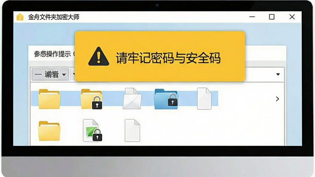 一张展示金舟文件夹加密大师新手操作提示的图片,画面主体为电脑屏幕显示软件界面,界面上方弹出提示框写着“请牢记密码与安全码”,下方文件夹列表中有几个文件夹带有锁形图标,布局为上下结构,风格为友好提示风,细节上提示框为黄色警告色,文件夹图标清晰,背景为浅色界面,画质清晰,画面干净无多余元素
