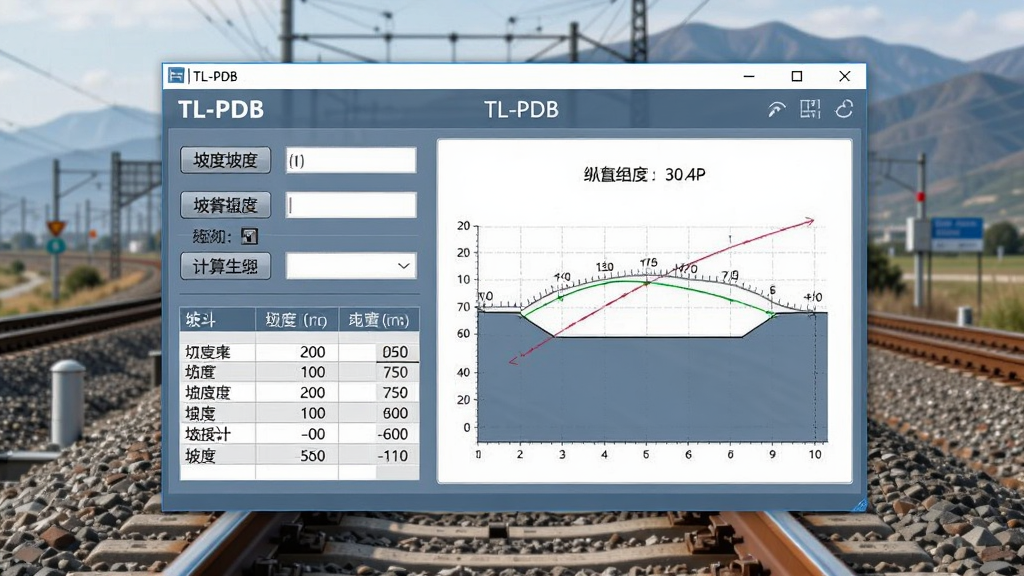 一款名为TL-PDB的铁路坡度计算软件主界面展示,画面中央是软件窗口,窗口内包含坡度输入框、计算结果展示区和纵断面示意图,界面风格简洁专业,采用蓝灰色调,背景是铁路轨道与远山,整体布局清晰,排版整齐,风格为写实软件截图风格,细节包括按钮图标、数据表格、坡度曲线,画质高清,画面干净,无多余元素