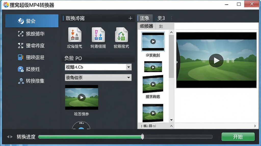 狸窝超级MP4转换器软件主界面全景展示,画面中央为软件操作窗口,左侧为功能导航栏,右侧为视频文件列表与预览区域,窗口上方显示软件名称“狸窝超级MP4转换器”,底部为转换进度条与开始按钮,整体布局清晰、排版整齐,风格为现代简约科技风,细节包括格式图标、参数下拉菜单、预览缩略图,画质高清、干净、无多余元素