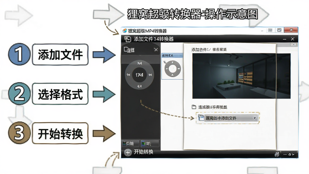 狸窝超级MP4转换器新手操作示意图,画面展示电脑屏幕上的软件界面,左侧为操作步骤序号标注(1添加文件、2选择格式、3开始转换),右侧为对应界面截图,风格为教程图解风,细节包括箭头指示、文字说明框,画质高清、干净、无多余元素