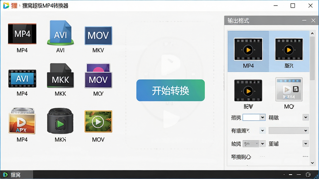 狸窝超级MP4转换器格式转换功能展示,画面中心为软件界面,左侧显示多种视频格式图标(MP4、AVI、MKV、MOV等),右侧为输出格式选择面板,界面中央有“开始转换”按钮,风格为扁平化设计,细节包括格式图标排列整齐、参数选项清晰可见,画质高清、干净、无多余元素