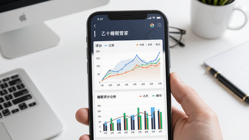 ��ʮ˯�߹ܼ��������Ʒ���ҳ�棬�ֻ���Ļ��ʾ�Ŷ�ɫ������ͼ����״ͼ��չʾ˯�����ֱ仯���ƣ�����Ϊ���İ�ɫ����̨����������Լ�����������ɾ�