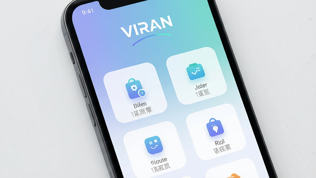 主体为一部智能手机屏幕显示VIRAN软件主界面,布局为居中展示手机与界面细节,排版采用简洁的产品展示风格,风格为现代科技感与清新简约结合,细节包括界面中清晰的功能图标、顶部软件名称“VIRAN”字样、柔和的渐变背景,画质为高清、干净、无多余元素