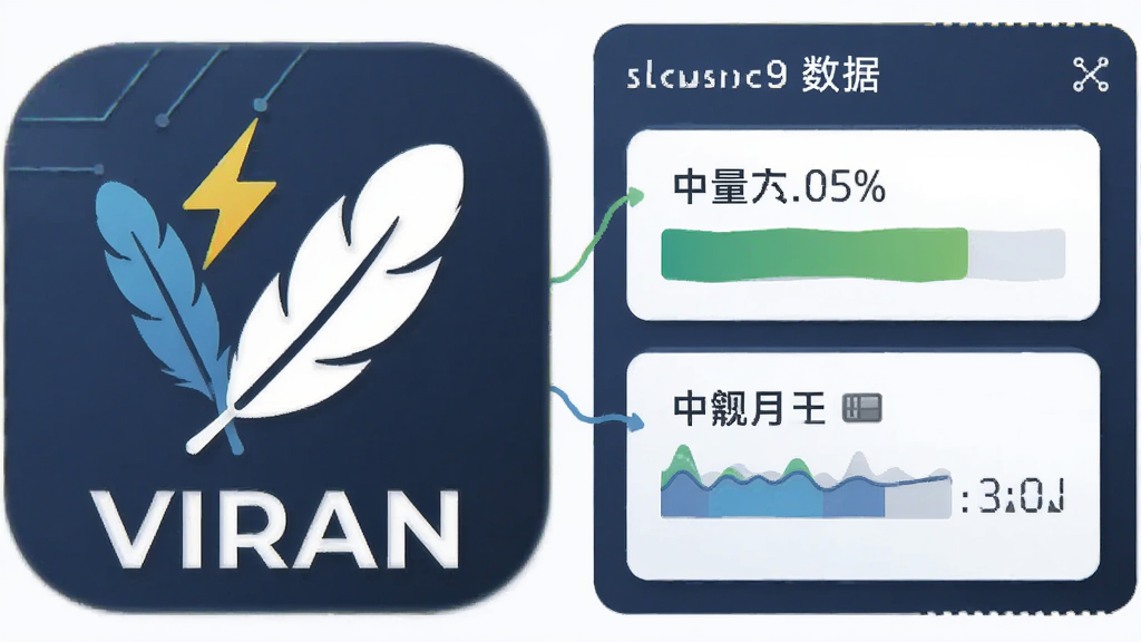 主体为VIRAN软件图标与轻量运行概念结合,布局为左侧图标右侧性能数据面板,排版采用左右对比式信息图,风格为扁平化科技插画,细节包括羽毛、闪电符号、内存占用百分比数字、软件名称“VIRAN”标注,画质为高清、干净、无多余元素