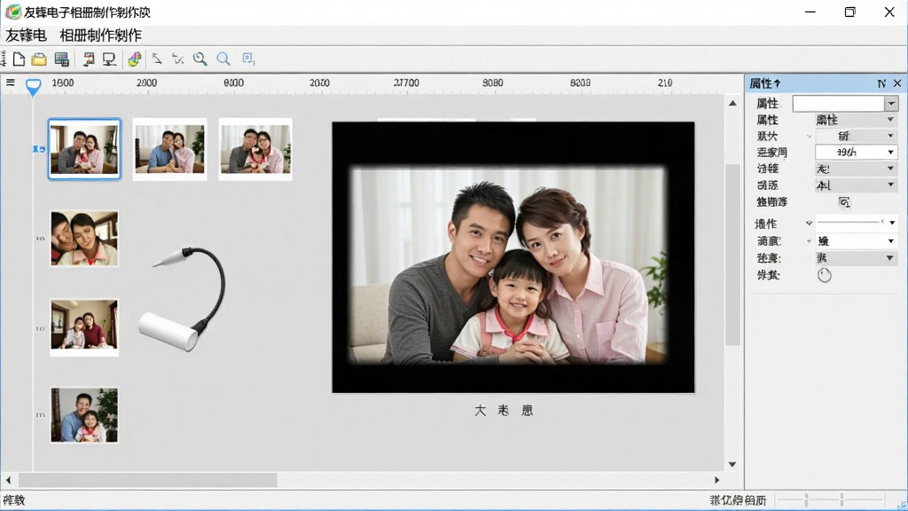 友锋电子相册制作软件在Windows电脑上运行的界面截图,画面展示用户正在编辑一个家庭相册项目,时间轴上排列着多张照片缩略图,预览窗口显示当前画面,界面右侧有属性设置面板,背景为浅灰色,风格简洁实用,细节包括菜单栏、工具栏和状态栏,画质清晰,干净,无多余元素