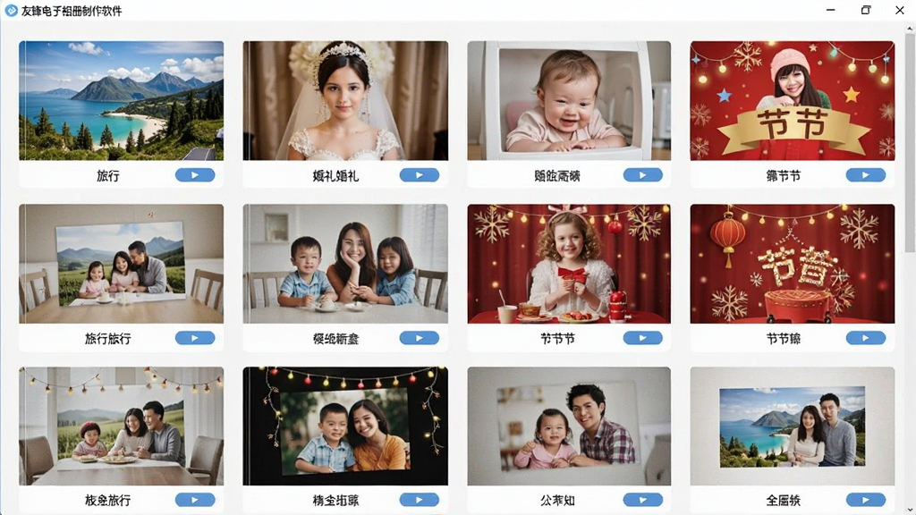 友锋电子相册制作软件中展示多种相册模板的界面截图,画面以网格形式排列不同主题的模板缩略图,包括旅行、婚礼、儿童、节日等风格,每个缩略图下方标注模板名称,界面采用浅色背景,布局整齐,风格清新,细节可见模板预览小图和选择按钮,画质清晰,干净,无多余元素