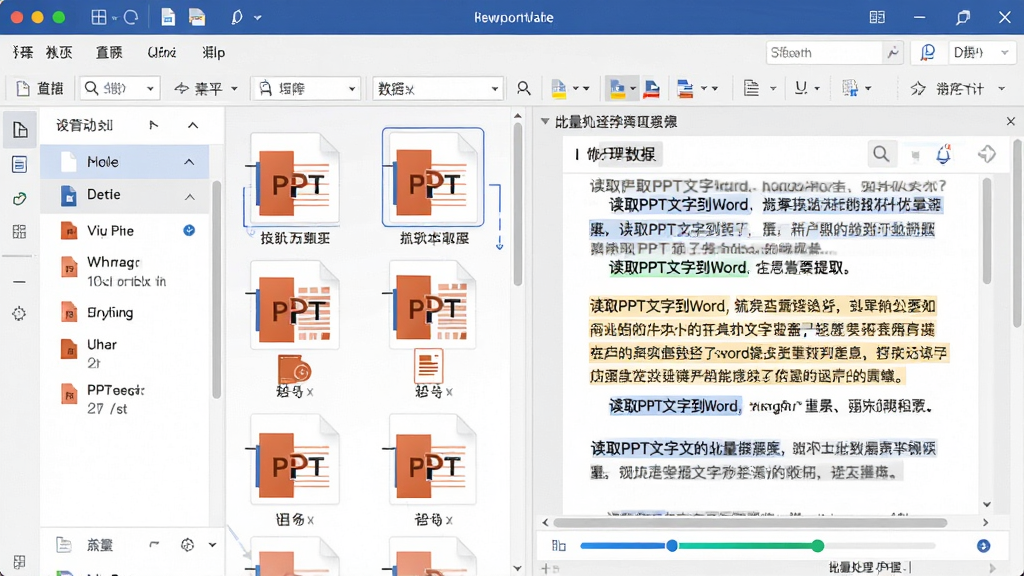 一张展示「读取PPT文字到Word」批量提取功能的图片,主体为多个PPT文件同时导入软件后自动提取文字的界面,布局左侧为文件列表,右侧为提取出的文字内容预览,排版整齐,风格为科技办公风,细节包括多个PPT缩略图、文字高亮显示、批量处理进度标识,画质清晰干净,无多余元素