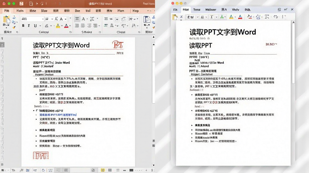 一张展示「读取PPT文字到Word」排版保留效果的图片,主体为PPT页面与对应Word文档的对比展示,布局左侧为PPT原稿,右侧为转换后的Word文档,排版清晰对照,风格为办公文档展示风,细节包括标题层级、段落缩进、项目符号等格式元素,画质清晰干净,无多余元素