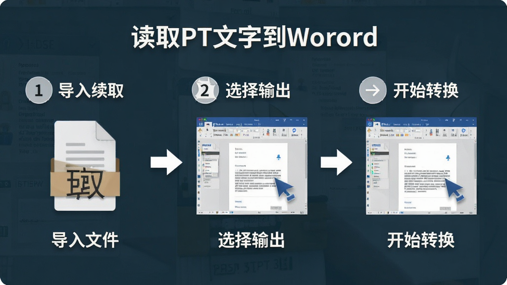 一张展示「读取PPT文字到Word」操作流程的图片,主体为三步操作示意图,布局从左到右依次为导入文件、选择输出、开始转换,排版横向排列,风格为简约教程风,细节包括步骤序号、操作箭头、界面截图示意,画质清晰干净,无多余元素