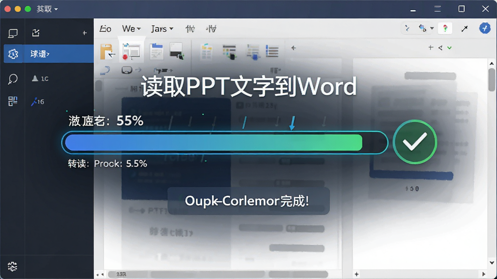 一张展示「读取PPT文字到Word」转换速度的图片,主体为软件转换进度条快速完成的界面,布局中央为进度条和完成提示,排版居中,风格为动感科技风,细节包括速度线、进度百分比、完成对勾图标,画质清晰干净,无多余元素