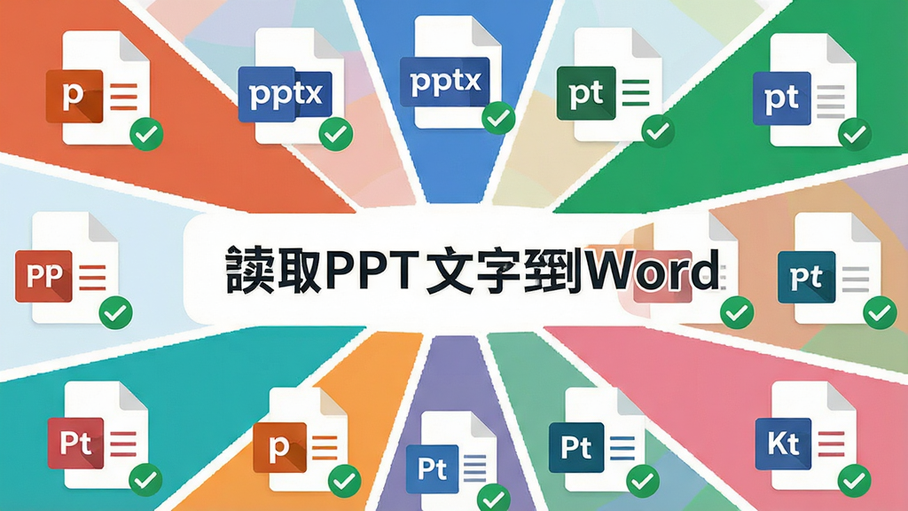 一张展示「读取PPT文字到Word」多格式兼容的图片,主体为软件支持的文件格式图标集合,布局中央为软件名称标识,四周环绕ppt、pptx等格式图标,排版呈放射状,风格为扁平化设计,细节包括格式标识、兼容勾选标记,画质清晰干净,无多余元素