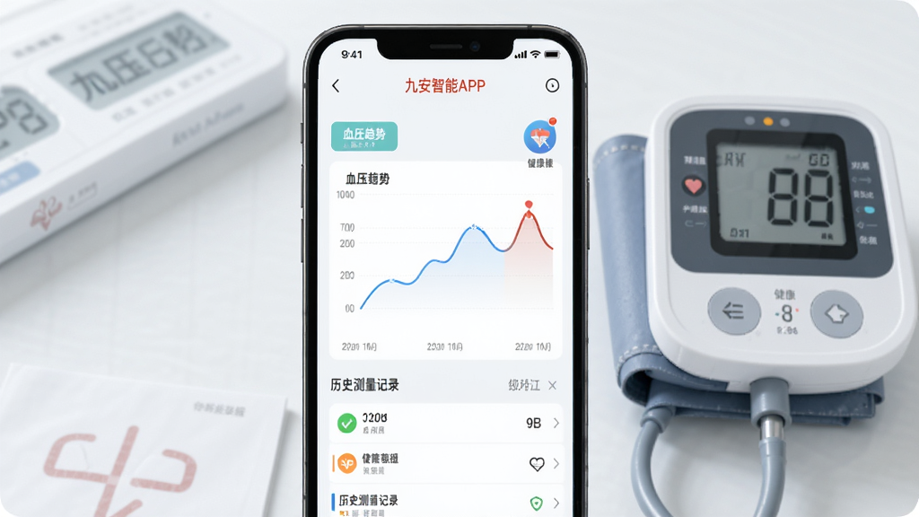 九安智能APP健康数据页面,手机屏幕显示血压趋势折线图和历史测量记录,背景为浅色医疗健康风格,布局为手机居中、旁边放置血压计设备,细节包含数据图表、日期标签、健康提示图标,画质干净清晰,无多余元素