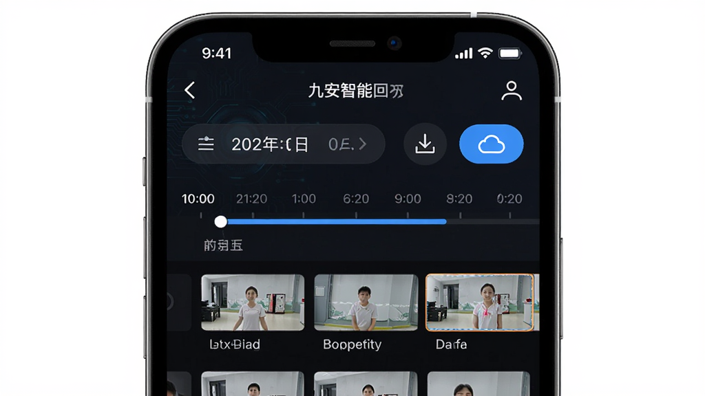 九安智能APP录像回放界面特写,手机屏幕显示时间轴和多个录像片段缩略图,背景为深色科技感界面,布局为手机居中放大展示,细节包含日期选择器、下载按钮、云朵图标,风格为现代UI写实,画质清晰干净,无多余元素
