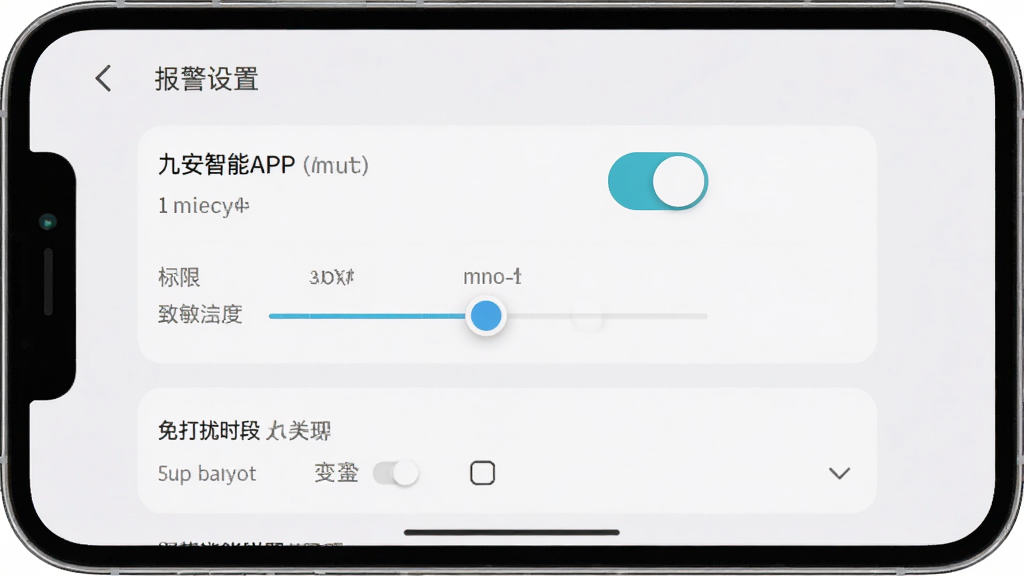九安智能APP设置界面截图,手机屏幕显示权限管理和报警设置选项,背景为浅灰色简洁风格,布局为手机居中展示,细节包含开关按钮、灵敏度滑块、免打扰时段设置,画质清晰干净,无多余元素
