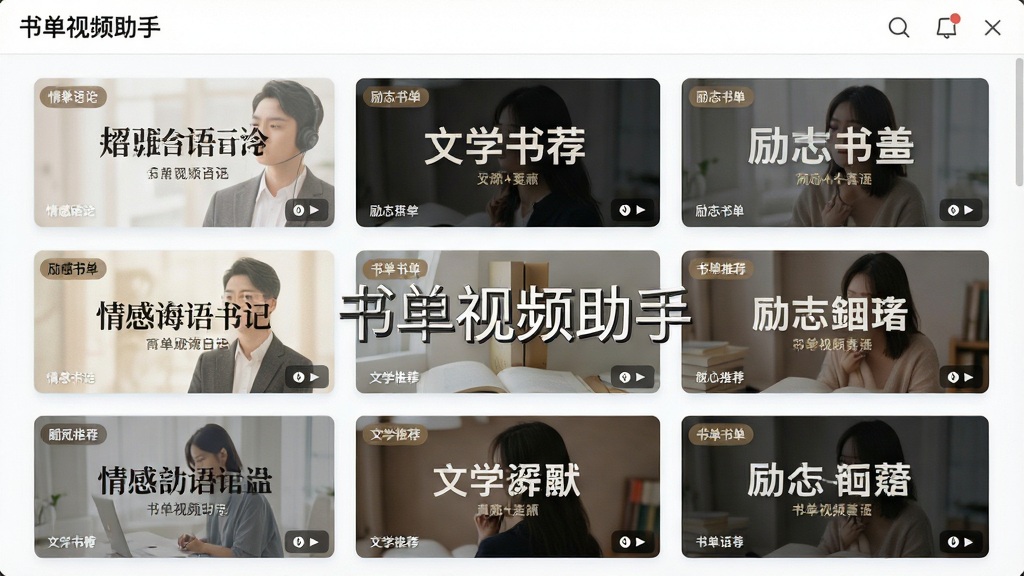 书单视频助手模板库界面截图,画面中整齐排列着多种风格的书单视频模板卡片,包含情感语录、励志书单、文学推荐等分类标签,每张卡片展示不同的背景和文字排版样式,界面明亮整洁,文字清晰标注“书单视频助手”字样,画质细腻,干净,无多余元素