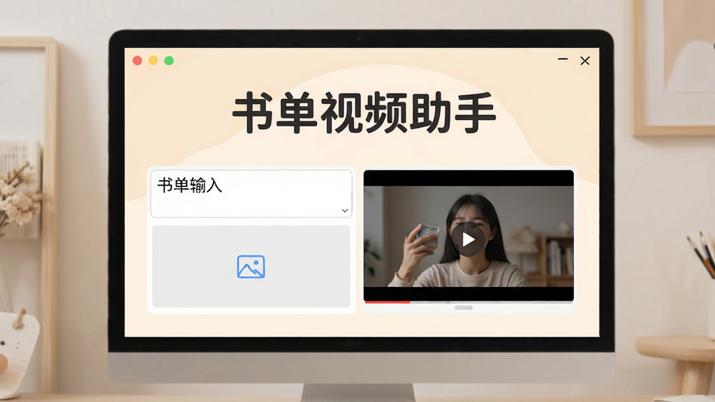 书单视频助手图文成片功能操作界面,画面展示用户输入书单文字后软件自动生成视频预览的效果,界面中有文字输入框、图片上传区以及视频预览窗口,背景为柔和浅色,屏幕中文字显示“书单视频助手”品牌名,整体布局直观,画质清晰,干净,无多余元素