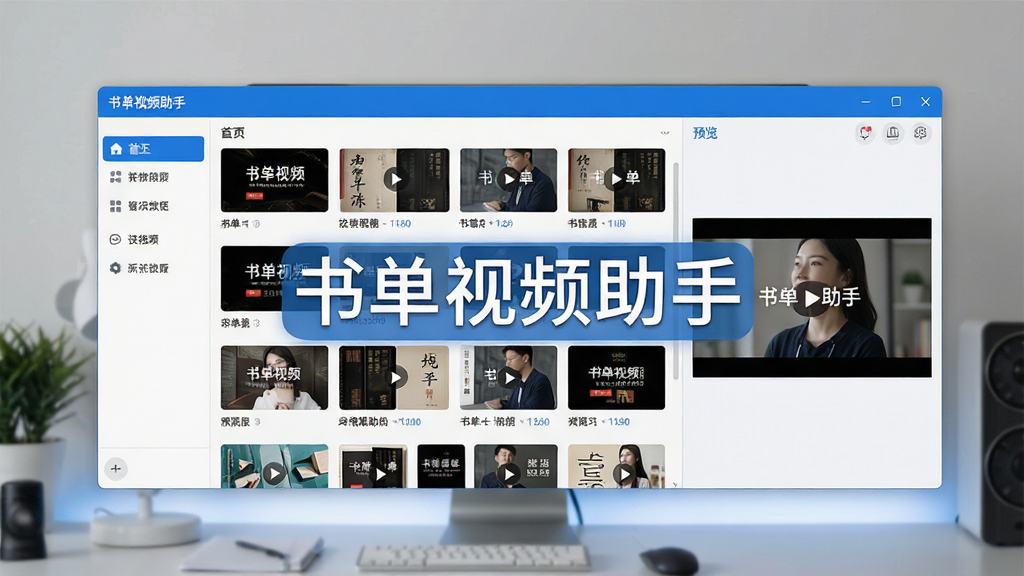 书单视频助手软件主界面全景展示,画面中央是软件操作窗口,窗口内显示丰富的书单视频模板缩略图,左侧为功能导航栏,右侧为预览区域,整体布局清晰,界面风格简洁现代,蓝色与白色为主色调,屏幕中文字显示“书单视频助手”软件名称,画质清晰,干净,无多余元素