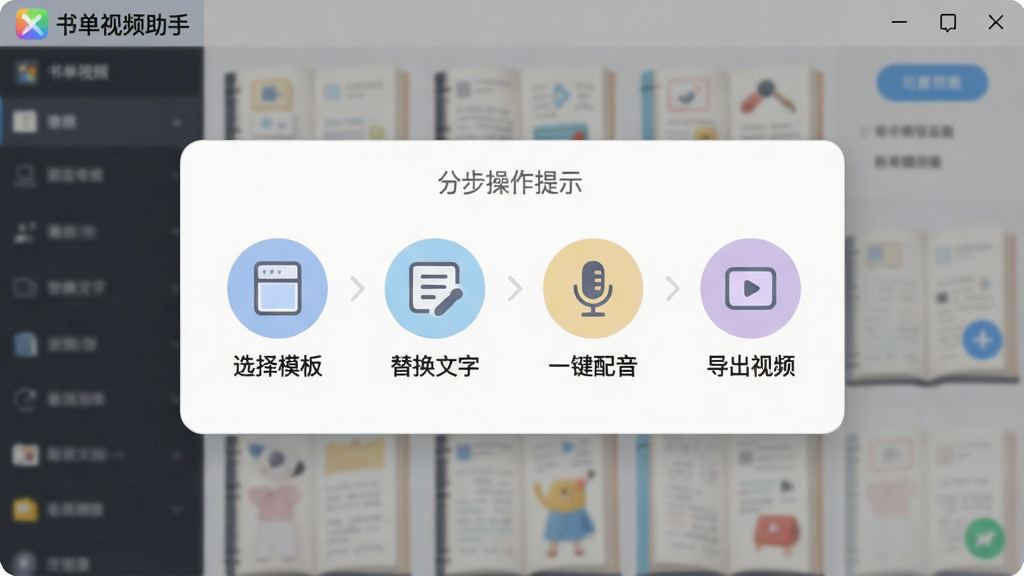 书单视频助手新手操作引导界面,画面展示软件内的分步操作提示弹窗,包含“选择模板”“替换文字”“一键配音”“导出视频”四个步骤图标,界面风格友好清晰,屏幕角落显示“书单视频助手”标识,整体色调柔和,画质干净,无多余元素