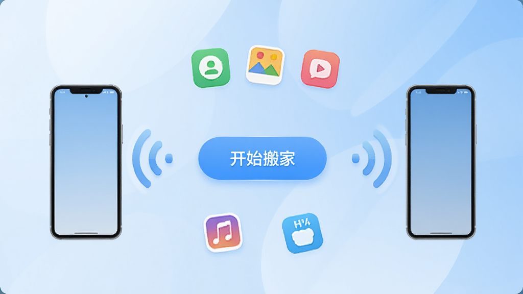 一部智能手机屏幕中显示着手机换机快速搬家的应用界面,界面中央有一个大大的开始搬家按钮,周围环绕着通讯录、照片、视频、应用等图标,两台手机之间用无线信号线条连接,背景是温馨的浅蓝色渐变,风格简洁明快,画质清晰,干净,无多余元素
