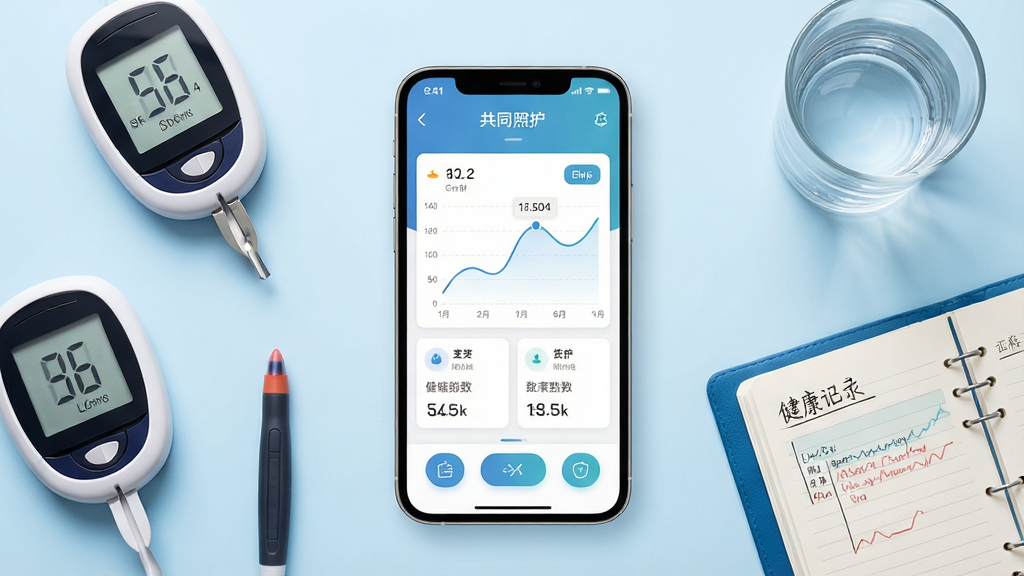 画面中央放置一部智能手机,手机屏幕上显示“共同照护”APP的血糖趋势图与数据卡片,手机周围环绕血糖仪、采血笔、健康记录本和一杯清水,背景为淡蓝色渐变,布局采用居中对称排版,风格为现代医疗健康类UI展示图,细节包括屏幕上的曲线图、数值标签和图标按钮,画质为高清4K,干净简洁,无多余元素
