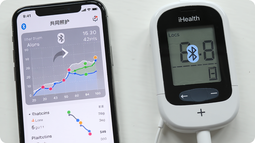 一部手机通过蓝牙连接iHealth血糖仪,手机屏幕显示“共同照护”APP界面,界面中有血糖曲线图和彩色数据点,血糖仪放在旁边,背景为白色桌面,布局为产品实拍风格,细节包括蓝牙图标、数据同步箭头、趋势线,画质清晰,干净无杂物