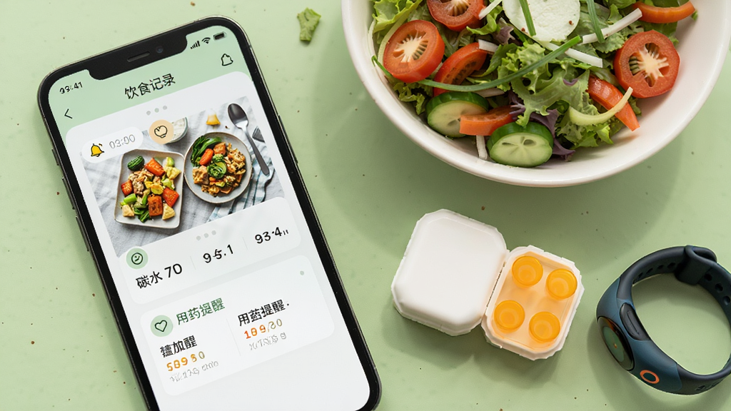 手机屏幕显示“共同照护”APP的饮食记录页面,页面上有食物图片、碳水数值和用药提醒卡片,手机旁边放着蔬菜沙拉、药盒和运动手环,背景为浅绿色,布局为生活化场景,风格清新自然,细节包括食物图标、时间标签、提醒铃铛,画质高清,无多余元素