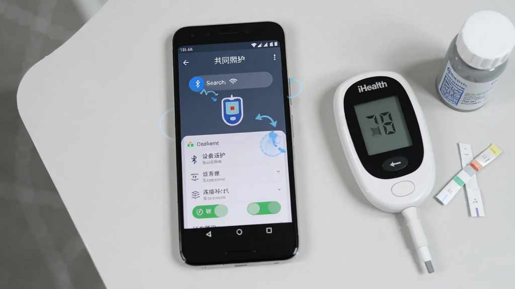 一部安卓手机放在桌面上,屏幕显示“共同照护”APP的设备管理页面,页面中有蓝牙搜索按钮和血糖仪图标,手机旁边放着iHealth血糖仪和试纸瓶,背景为浅灰色,布局为教程截图风格,细节包括搜索动画、设备列表、连接状态,画质清晰,无多余元素