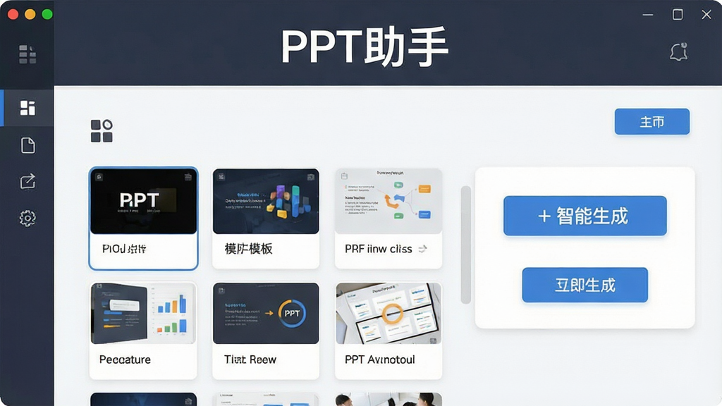 一张展示PPT助手软件主界面的图片,画面中央是软件名称“PPT助手”的标题栏,下方是模板选择区域和智能生成按钮,布局简洁清晰,排版采用上下结构,风格为现代商务扁平化,细节上包含图标、缩略图卡片和操作按钮,画质高清,画面干净,无多余元素。