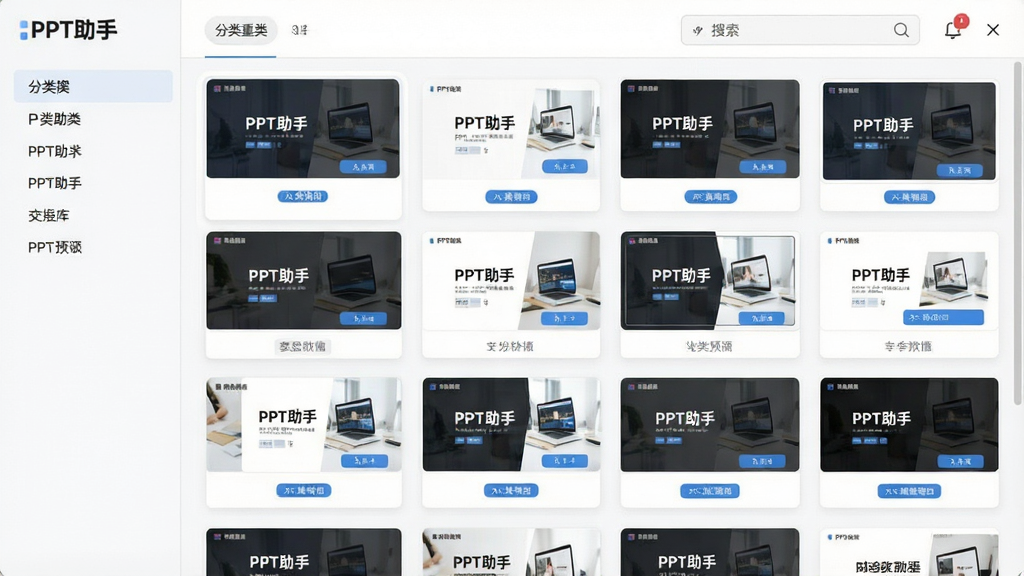 一张展示PPT助手模板库界面的图片,画面主体是软件名称“PPT助手”和排列整齐的模板缩略图卡片,布局采用网格排列,排版左分类右预览,风格为清新简约,细节包含分类标签、搜索框和预览按钮,画质高清,画面干净,无多余元素。