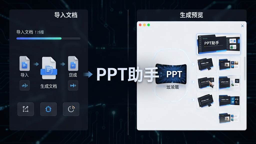 一张展示PPT助手智能生成过程的图片,画面中央是软件名称“PPT助手”和导入文档到生成幻灯片的流程示意,布局采用左右分栏,排版左侧为导入面板右侧为生成预览,风格为科技感浅色,细节包含进度条、文件图标和幻灯片缩略图,画质高清,画面干净,无多余元素。